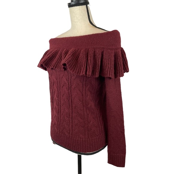 WAYF SHELDON OFF SHOULDER RUFFLE KNIT SWEATER IN RED TANNIN MEDIUM - Picture 5 of 9